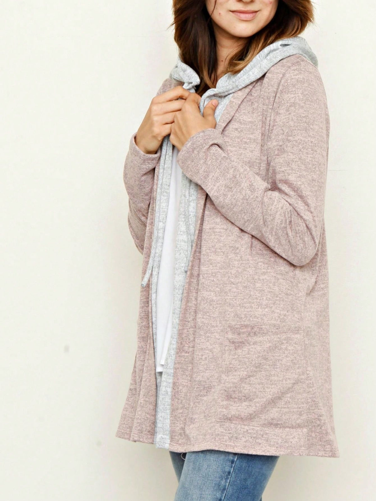 Boho Vintage 90's  Solid Brushed Knit Classic Tiered Hooded Zip Up Flared Cardigan Jacket