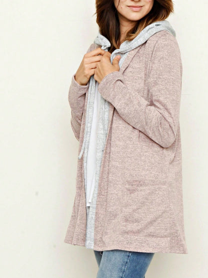 Boho Vintage 90's  Solid Brushed Knit Classic Tiered Hooded Zip Up Flared Cardigan Jacket