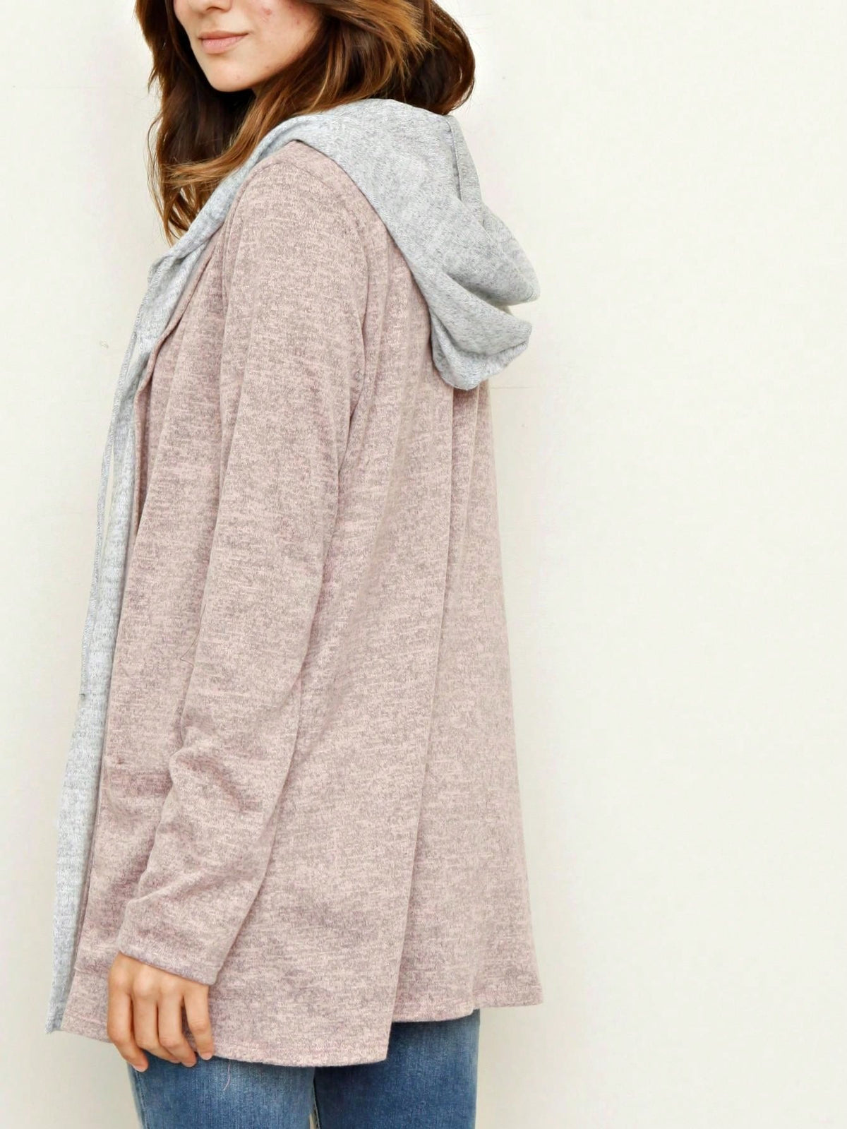 Boho Vintage 90's  Solid Brushed Knit Classic Tiered Hooded Zip Up Flared Cardigan Jacket