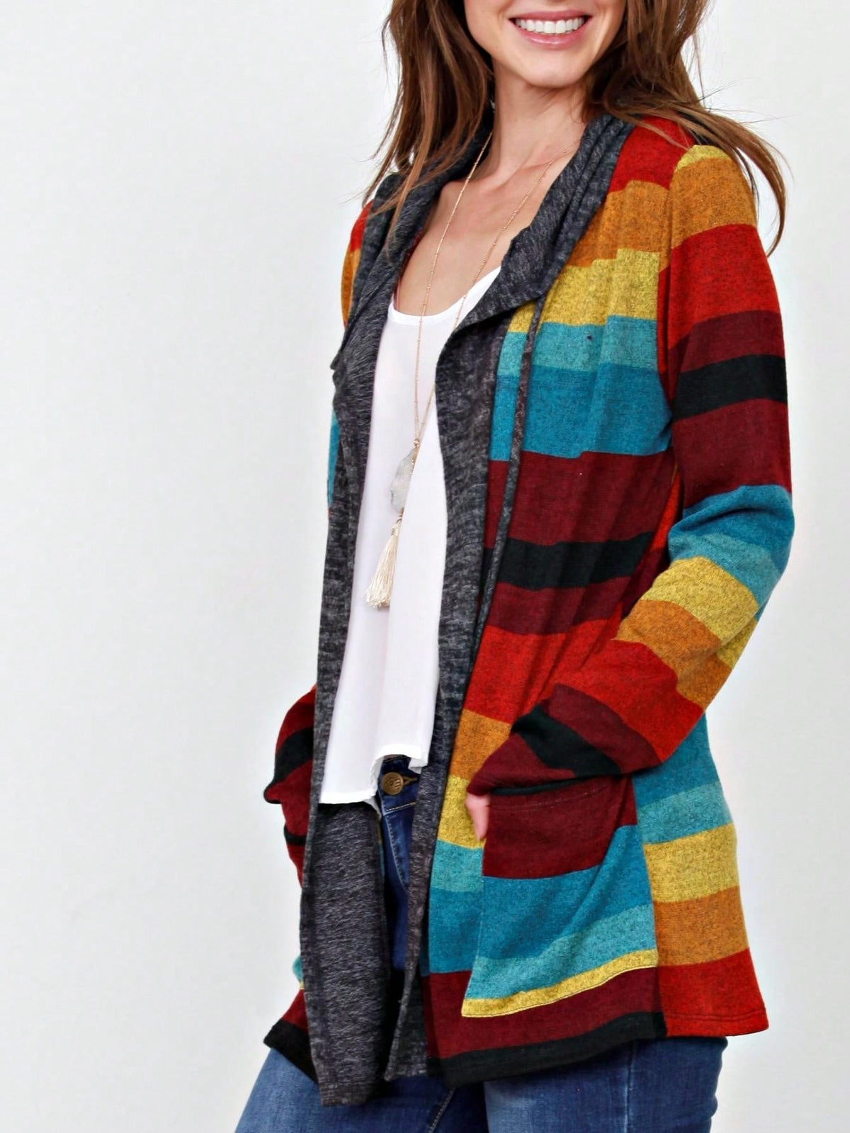 Boho Vintage 90's  Solid Brushed Knit Classic Tiered Hooded Zip Up Flared Cardigan Jacket