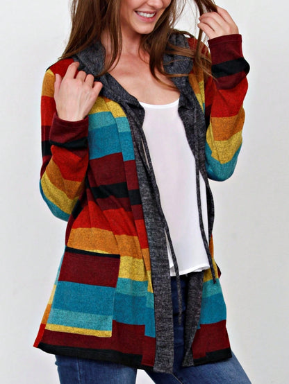 Boho Vintage 90's  Solid Brushed Knit Classic Tiered Hooded Zip Up Flared Cardigan Jacket