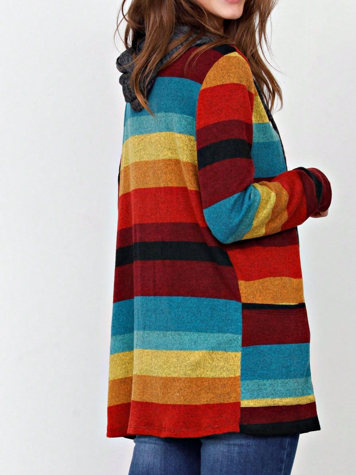 Boho Vintage 90's  Solid Brushed Knit Classic Tiered Hooded Zip Up Flared Cardigan Jacket