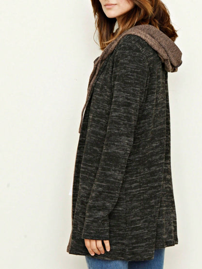 Boho Vintage 90's  Solid Brushed Knit Classic Tiered Hooded Zip Up Flared Cardigan Jacket