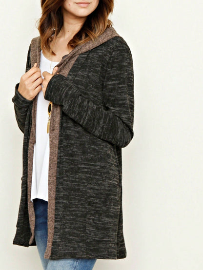 Boho Vintage 90's  Solid Brushed Knit Classic Tiered Hooded Zip Up Flared Cardigan Jacket