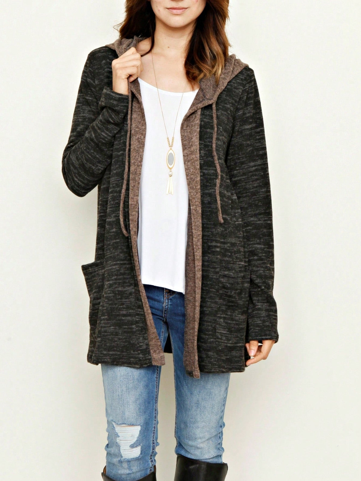 Boho Vintage 90's  Solid Brushed Knit Classic Tiered Hooded Zip Up Flared Cardigan Jacket