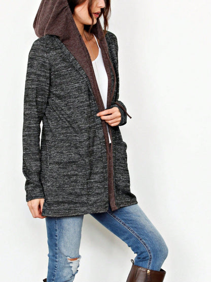 Boho Vintage 90's  Solid Brushed Knit Classic Tiered Hooded Zip Up Flared Cardigan Jacket