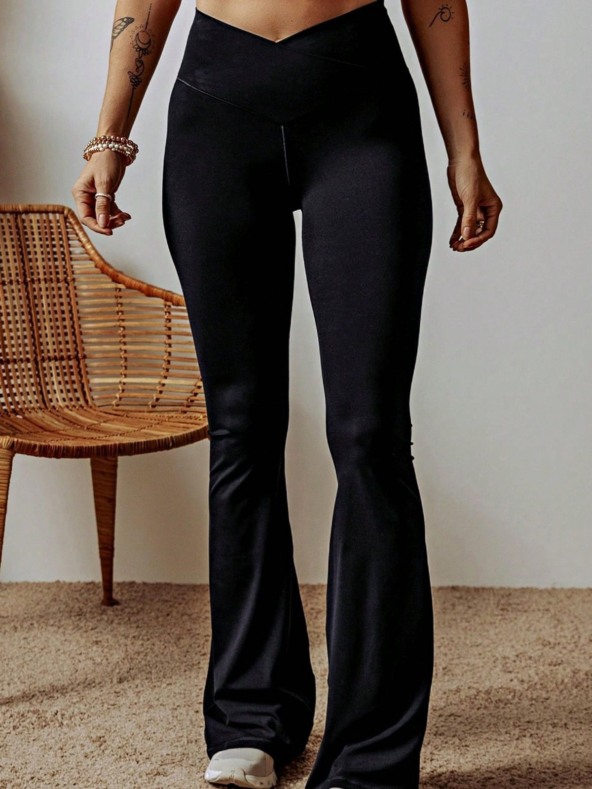 Boho Retro 90's Solid Black  Charcoal Viscose Shape High Waist Flared Leggings Pants