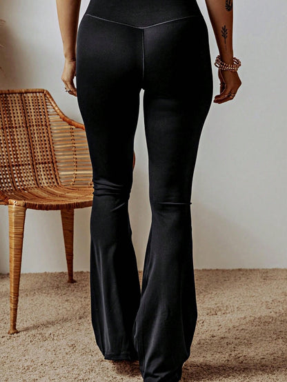 Boho Retro 90's Solid Black  Charcoal Viscose Shape High Waist Flared Leggings Pants