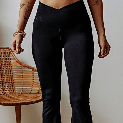 Boho Retro 90's Solid Black  Charcoal Viscose Shape High Waist Flared Leggings Pants