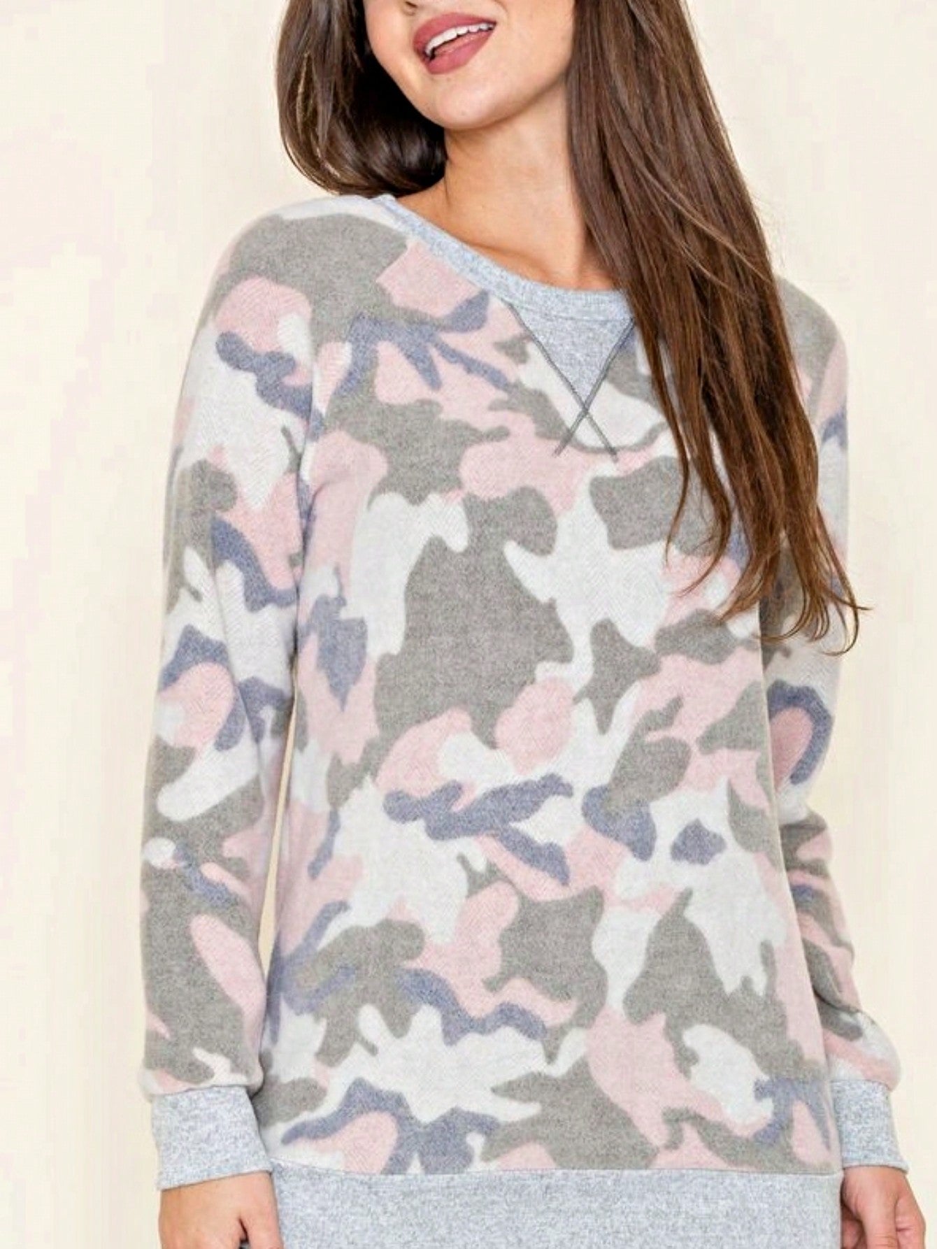 Boho Retro 90's Vintage  Preppy V Stitch  Stripe Knit Contrast Binding Brushed Soft Floral Raglan Sleeve Tunic Top Pullover Only