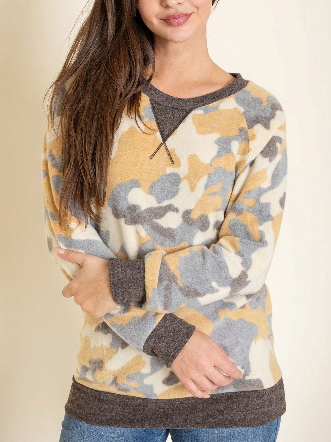 Boho Retro 90's Vintage  Preppy V Stitch  Stripe Knit Contrast Binding Brushed Soft Floral Raglan Sleeve Tunic Top Pullover Only