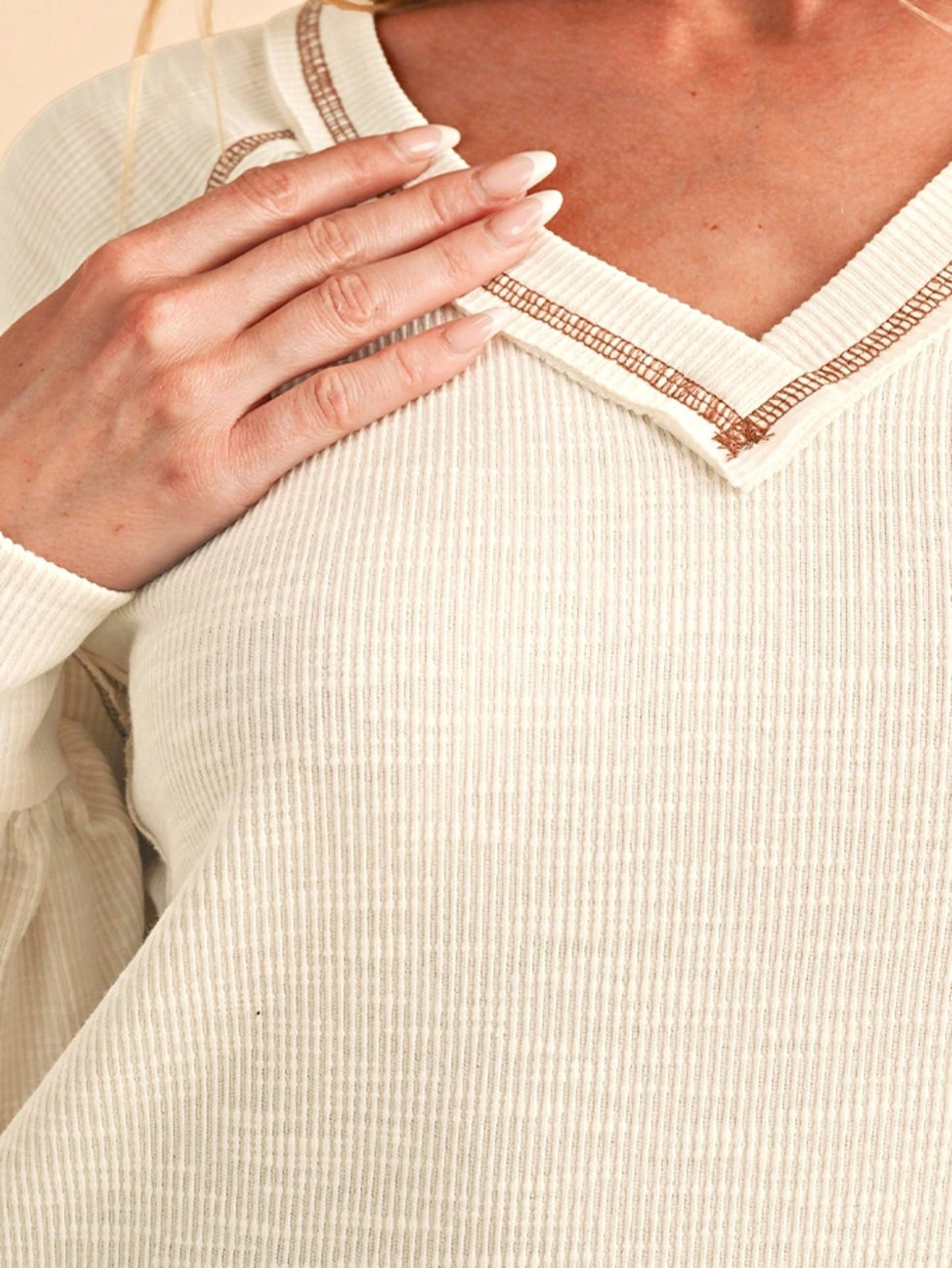 Boho Retro Vintage 90's Cotton Vanilla Beige Button Waffle Patchwork Long Pocket Sleeve Henley Knit Top Sweat Shirt Pullover