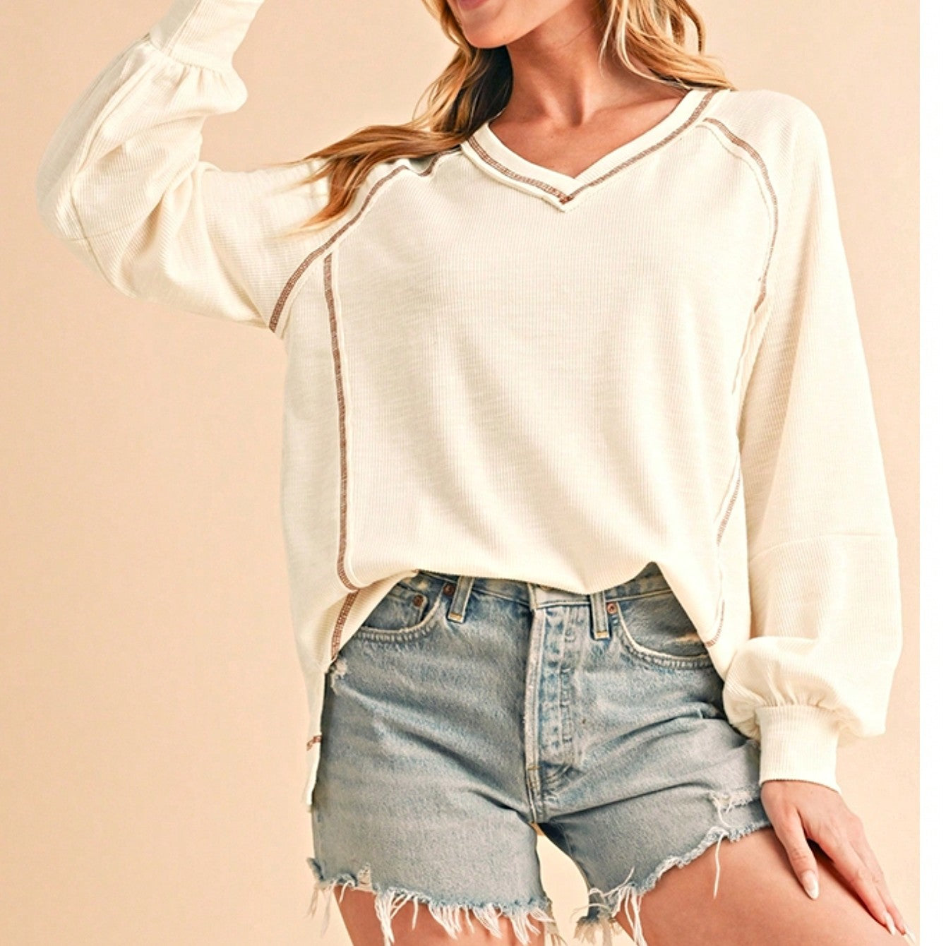 Boho Retro Vintage 90's Cotton Vanilla Beige Button Waffle Patchwork Long Pocket Sleeve Henley Knit Top Sweat Shirt Pullover