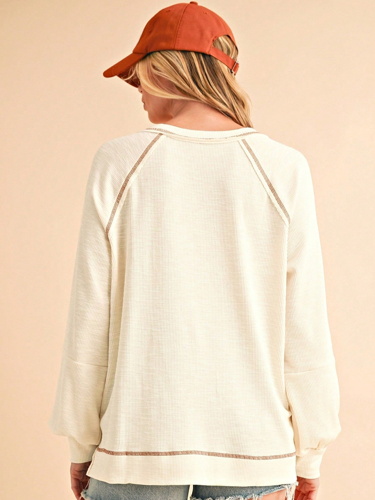 Boho Retro Vintage 90's Cotton Vanilla Beige Button Waffle Patchwork Long Pocket Sleeve Henley Knit Top Sweat Shirt Pullover