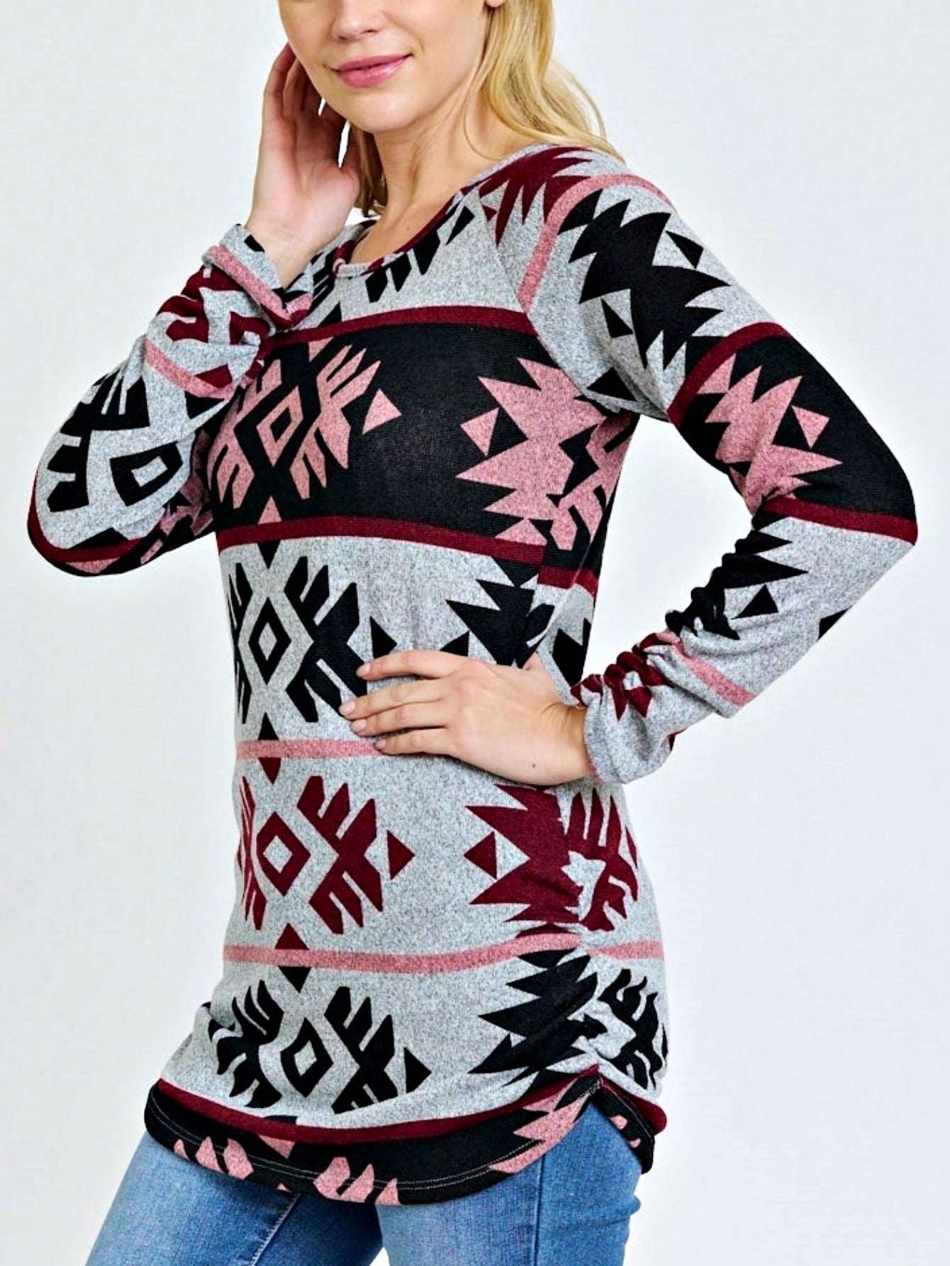 Gold Red Lace Hollow Eyelet Rayon Soft Long  Sleeve Raglan Tunic Top Band Hem Shirt