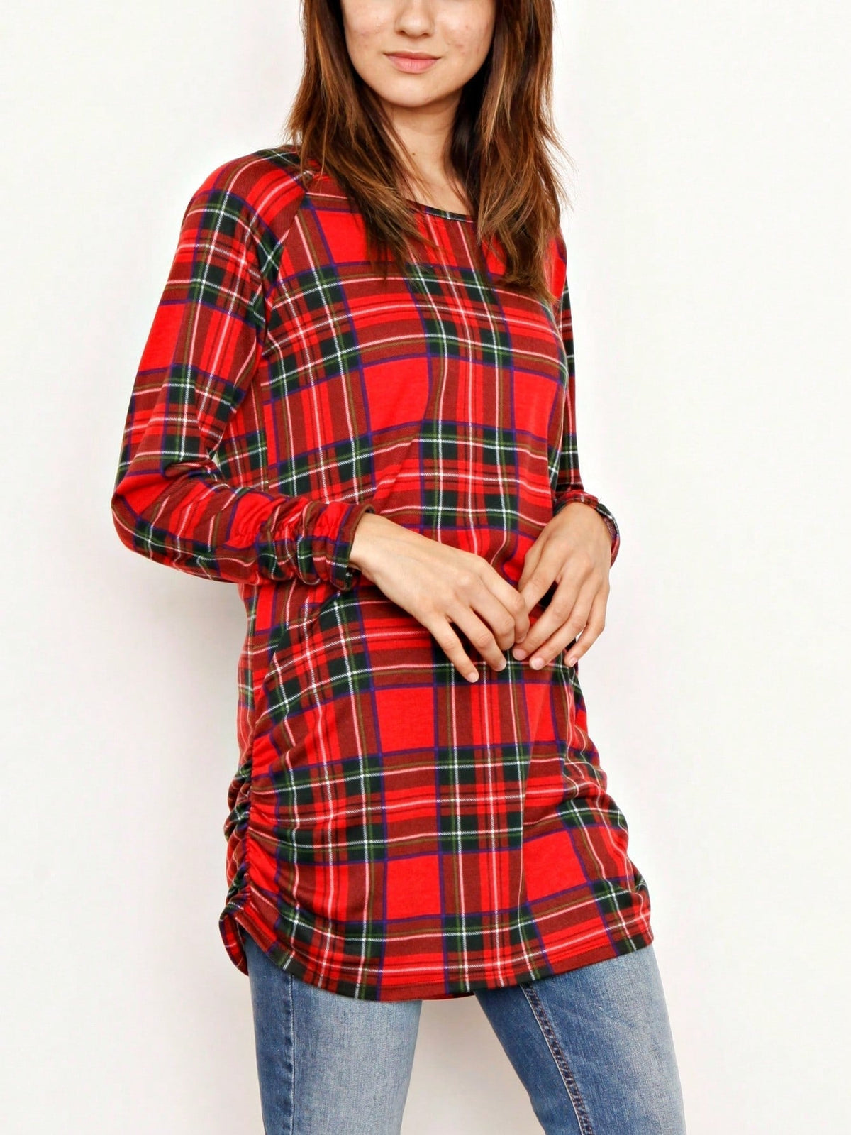 Gold Red Lace Hollow Eyelet Rayon Soft Long  Sleeve Raglan Tunic Top Band Hem Shirt