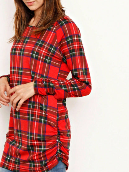Gold Red Lace Hollow Eyelet Rayon Soft Long  Sleeve Raglan Tunic Top Band Hem Shirt