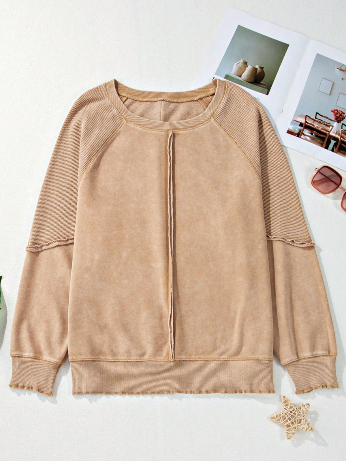 Boho Retro 60's Cotton Mix  Drop Shoulder Mineral Acid Washed Oversized Mock Neck Dolman T Shirt Top  Sweat Shirt