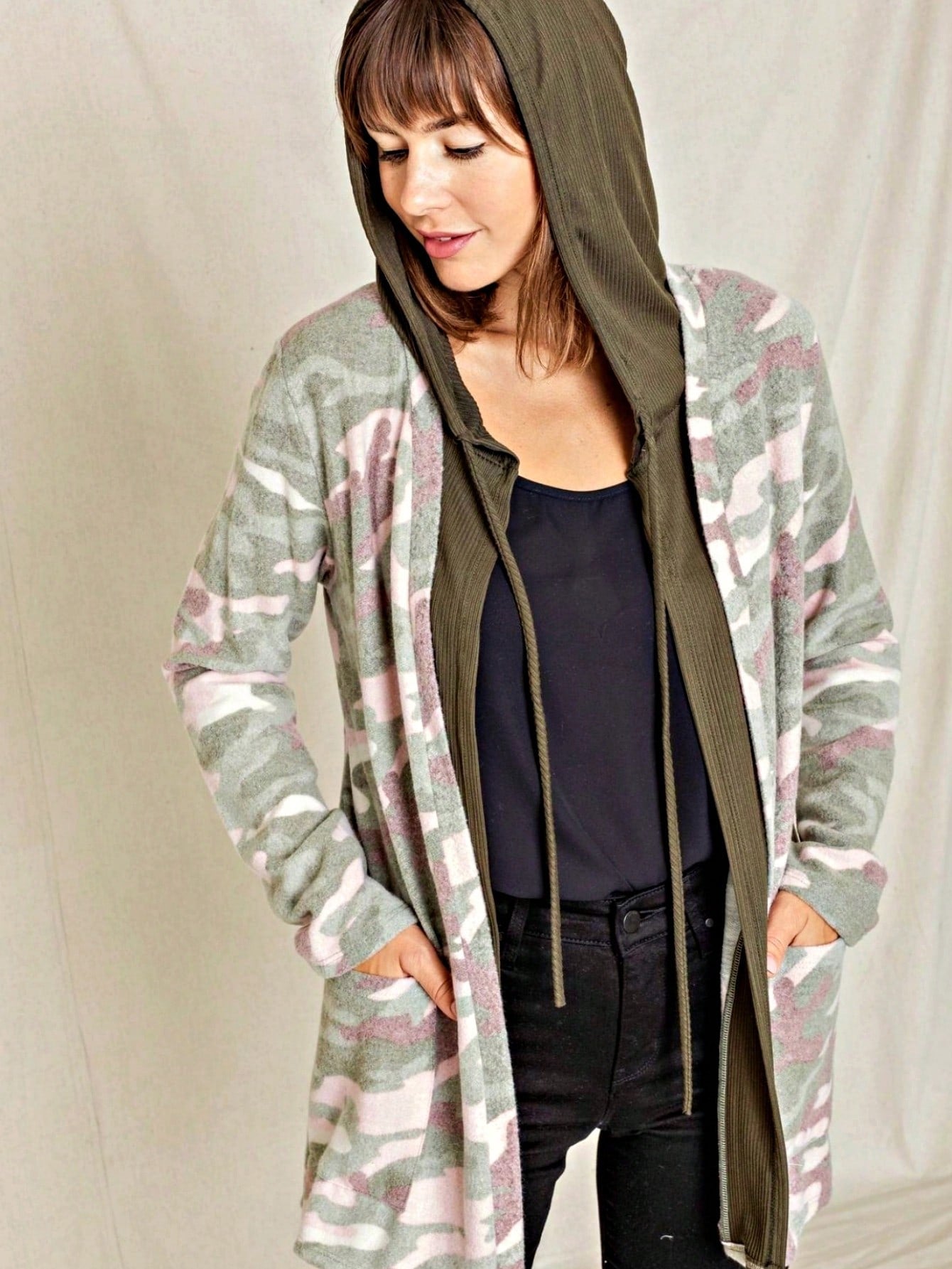 Boho Retro Olive Orange String Ribbon Bow Front Stripe Puff Raglan Shoulder Light Weight Cardigan Small To 3 XL PLUS