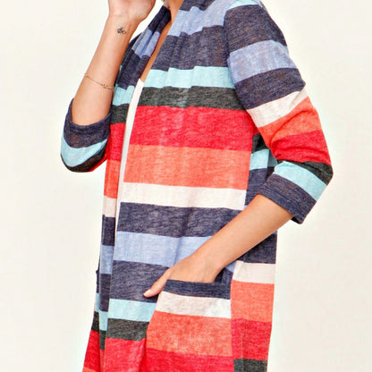 Boho Vintage Plaid Yellow Red Long Sleeve Cardigan With Pockets