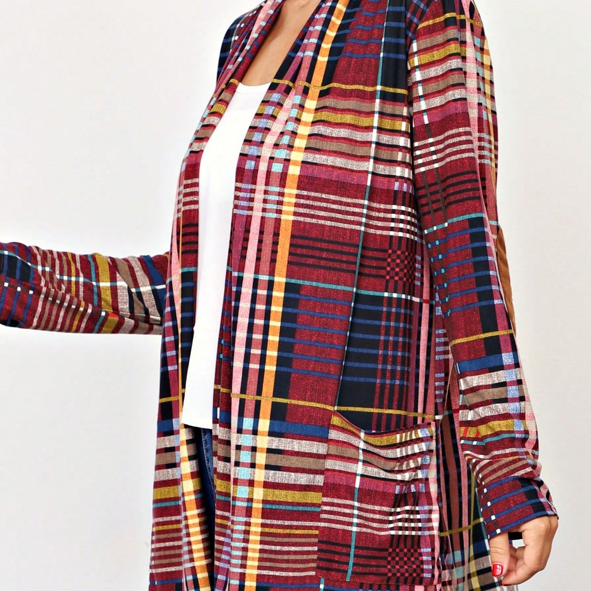 Boho Vintage Plaid Yellow Red Long Sleeve Cardigan With Pockets