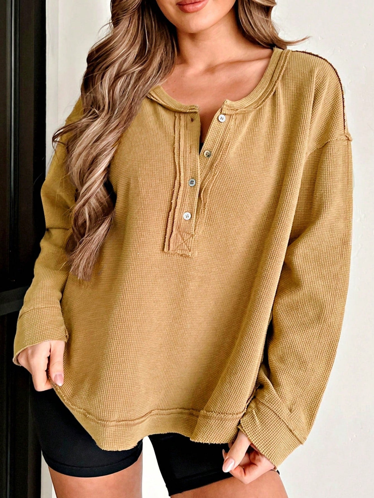 Boho Retro Vintage 90's Cotton Vanilla Beige Button Waffle Patchwork Long Pocket Sleeve Henley Knit Top Sweat Shirt Pullover