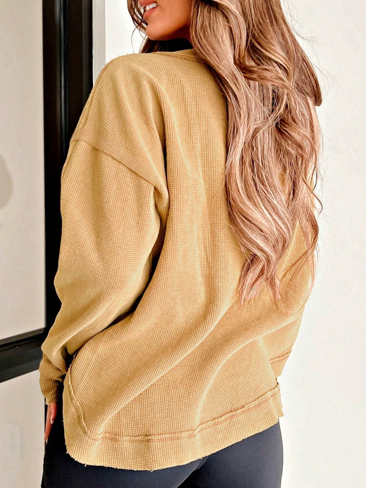 Boho Retro Vintage 90's Cotton Vanilla Beige Button Waffle Patchwork Long Pocket Sleeve Henley Knit Top Sweat Shirt Pullover