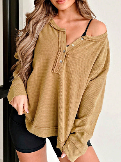 Boho Retro Vintage 90's Cotton Vanilla Beige Button Waffle Patchwork Long Pocket Sleeve Henley Knit Top Sweat Shirt Pullover