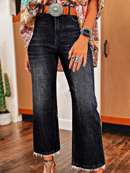 Boho Cotton Carbon Grey Mineral Wash Raw Tattered Hem Mid High Waist Cropped Semi Ankle Boot Cut Jeans
