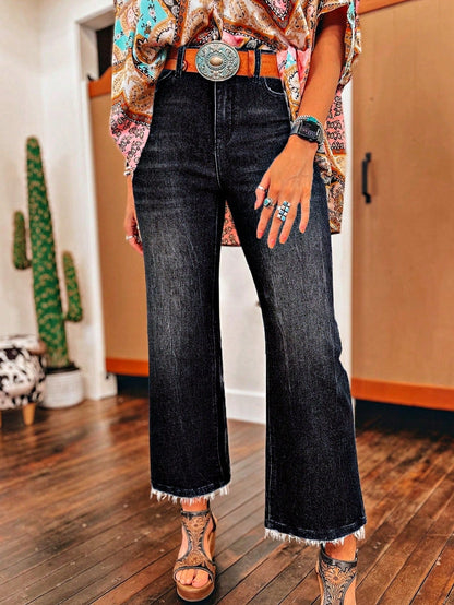 Boho Cotton Carbon Grey Mineral Wash Raw Tattered Hem Mid High Waist Cropped Semi Ankle Boot Cut Jeans