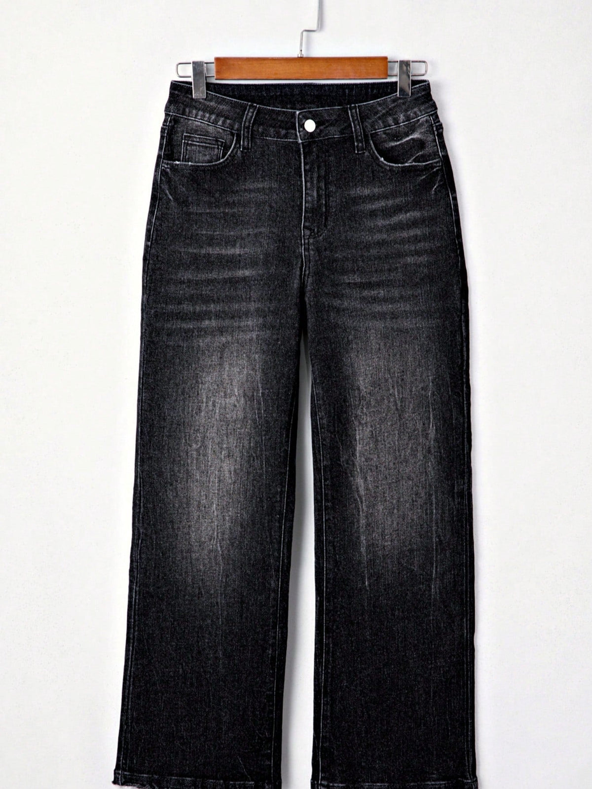 Boho Cotton Carbon Grey Mineral Wash Raw Tattered Hem Mid High Waist Cropped Semi Ankle Boot Cut Jeans