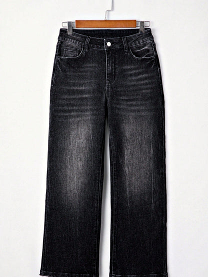 Boho Cotton Carbon Grey Mineral Wash Raw Tattered Hem Mid High Waist Cropped Semi Ankle Boot Cut Jeans
