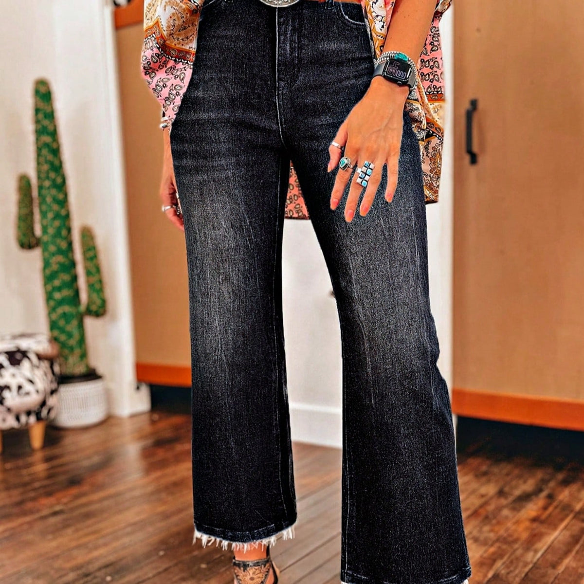 Boho Cotton Carbon Grey Mineral Wash Raw Tattered Hem Mid High Waist Cropped Semi Ankle Boot Cut Jeans