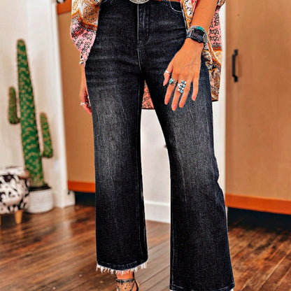 Boho Cotton Carbon Grey Mineral Wash Raw Tattered Hem Mid High Waist Cropped Semi Ankle Boot Cut Jeans