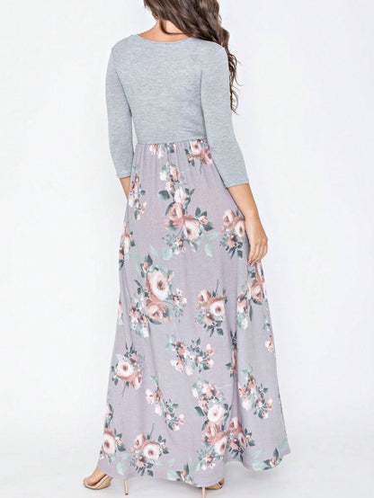 Boho Retro Multi Ditsy Floral Stripe Blue Charcoal Black Coral Short Sleeve Maxi Long Dress With Pocket | S-3X