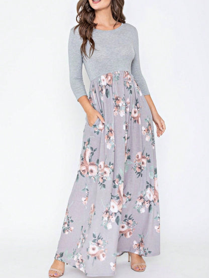 Boho Retro Multi Ditsy Floral Stripe Blue Charcoal Black Coral Short Sleeve Maxi Long Dress With Pocket | S-3X