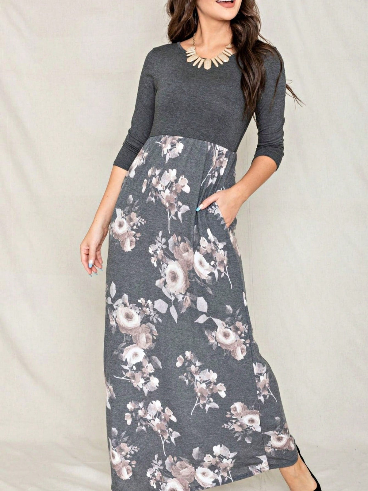 Boho Retro Multi Ditsy Floral Stripe Blue Charcoal Black Coral Short Sleeve Maxi Long Dress With Pocket | S-3X