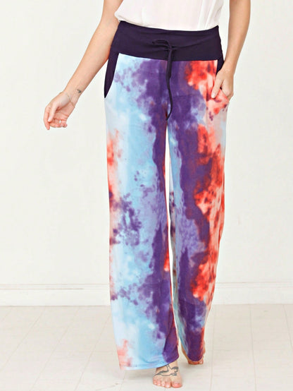 Floral Drawstring Fold Over Band Wide Leg Lounge Pants