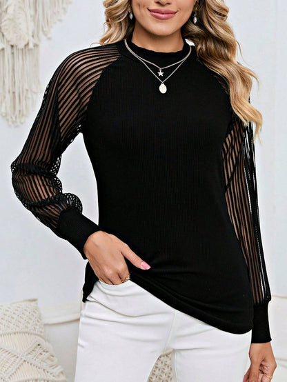 Boho Retro 90's Textured Mesh Color Block Floral Sleeve Drop Raglan Round Mock Neck  Layering Shoulder Mesh Lace Half And Long Sleeve Ivory Cream Navy Red Crew Neck Top Shirt Blouse