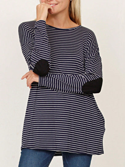 Boho Retro 60's Vintage Tulip Petal Hem Contrast Binding Brushed Soft Stripe Raglan Sleeve Tunic Top