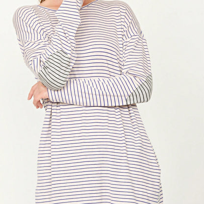 Boho Retro 60's Vintage Tulip Petal Hem Contrast Binding Brushed Soft Stripe Raglan Sleeve Tunic Top