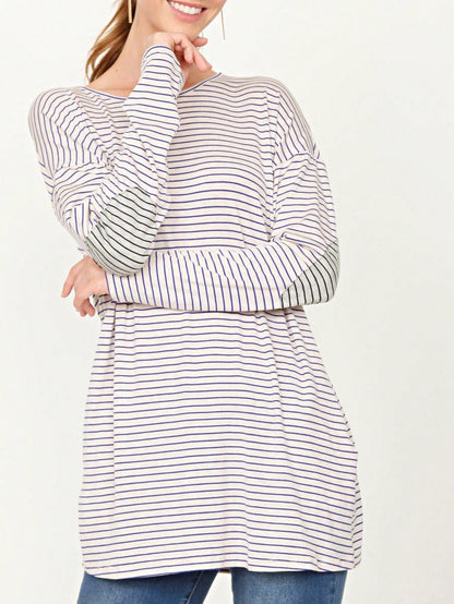 Boho Retro 60's Vintage Tulip Petal Hem Contrast Binding Brushed Soft Stripe Raglan Sleeve Tunic Top