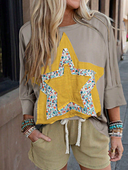Boho Retro Vintage 60's Vibe Cream Cotton Raglan Lantern Bubble Puff  Sleeve  Floral Rib Patchwork Top Sweat Shirt Blouse