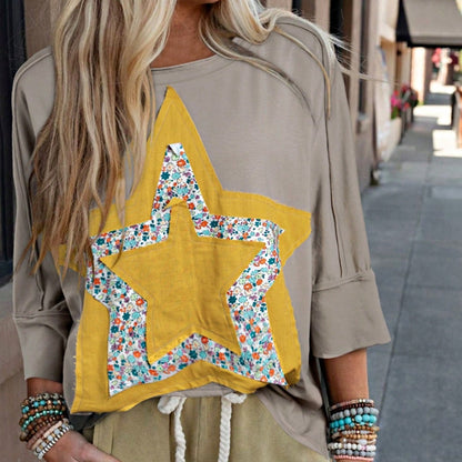 Boho Retro Vintage 60's Vibe Cream Cotton Raglan Lantern Bubble Puff  Sleeve  Floral Rib Patchwork Top Sweat Shirt Blouse