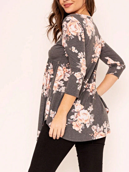 Boho Vintage Black  Charcoal Quilted PatchWork Pattern Raglan Ruffle Flare Sleeve Tunic Blouse Top Small To 3XL Plus