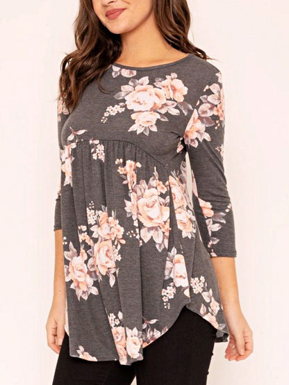Boho Vintage Black  Charcoal Quilted PatchWork Pattern Raglan Ruffle Flare Sleeve Tunic Blouse Top Small To 3XL Plus
