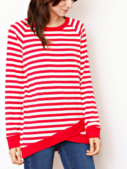 Boho Retro Knot Twisted Front Floral Stripe Knit  Top Blouse Shirt Pullover With Front Pocket
