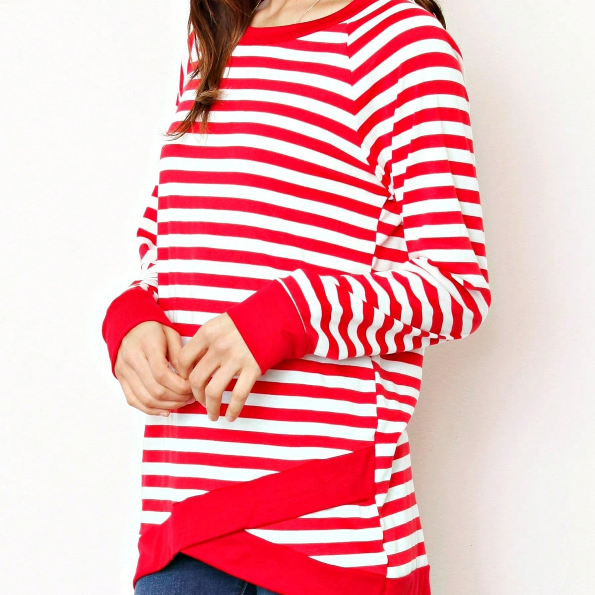 Boho Retro Knot Twisted Front Floral Stripe Knit  Top Blouse Shirt Pullover With Front Pocket