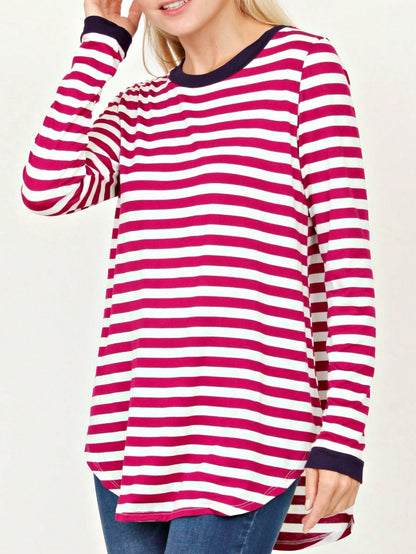 Boho Retro Knot Twisted Front Floral Stripe Knit  Top Blouse Shirt Pullover With Front Pocket