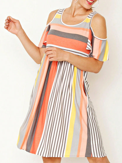 Boho Retro  Solid Stripe Ruffle Layered Sleeve Rayon  Tunic Mini Dress Flounce Sleeve